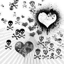 skulls and hearts are arranged in the shape of a heart on a white background with rays