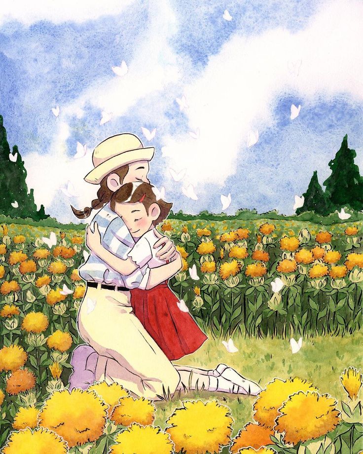 a painting of two people hugging in a field of flowers