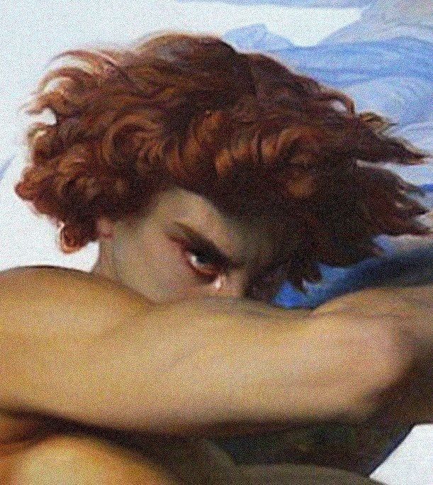 a painting of a woman with red hair laying down on a bed and holding her arm over her head