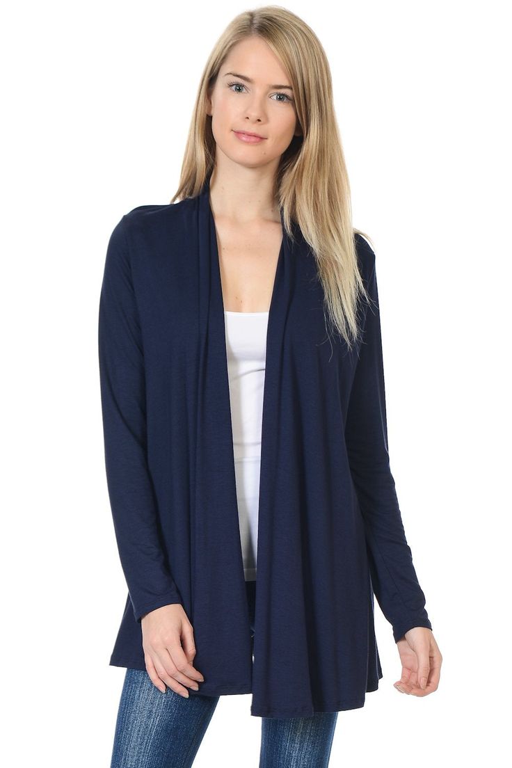 Wrap up with this cardigan for style in any outfit. Pair it with any top and some skinny jeans for a complete casual look. It can easily be worn at the beach over a bathing suit or at the office for warmth and style. So versatile and comfortable that you will make this your all-season outwear. This comfortable cardigan features long sleeves and open front draping. It is made with soft jersey knit that has great drape and stretch. 95% Rayon 5% Spandex Imported Model is wearing size Small. Her hei Short Sleeve Vest, Jersey Cardigan, Women's Cardigans, Jeans Long, Carhartt Women, Ladies Turtleneck Sweaters, Long Sleeve Jersey, Long Sleeve Knit Tops, Cardigan Jacket