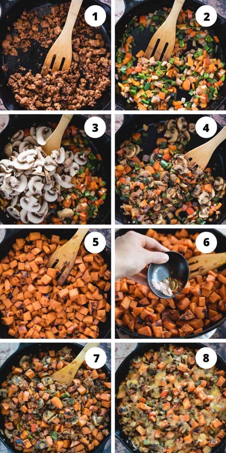 step by step instructions on how to cook sweet potatoes and mushrooms in a skillet