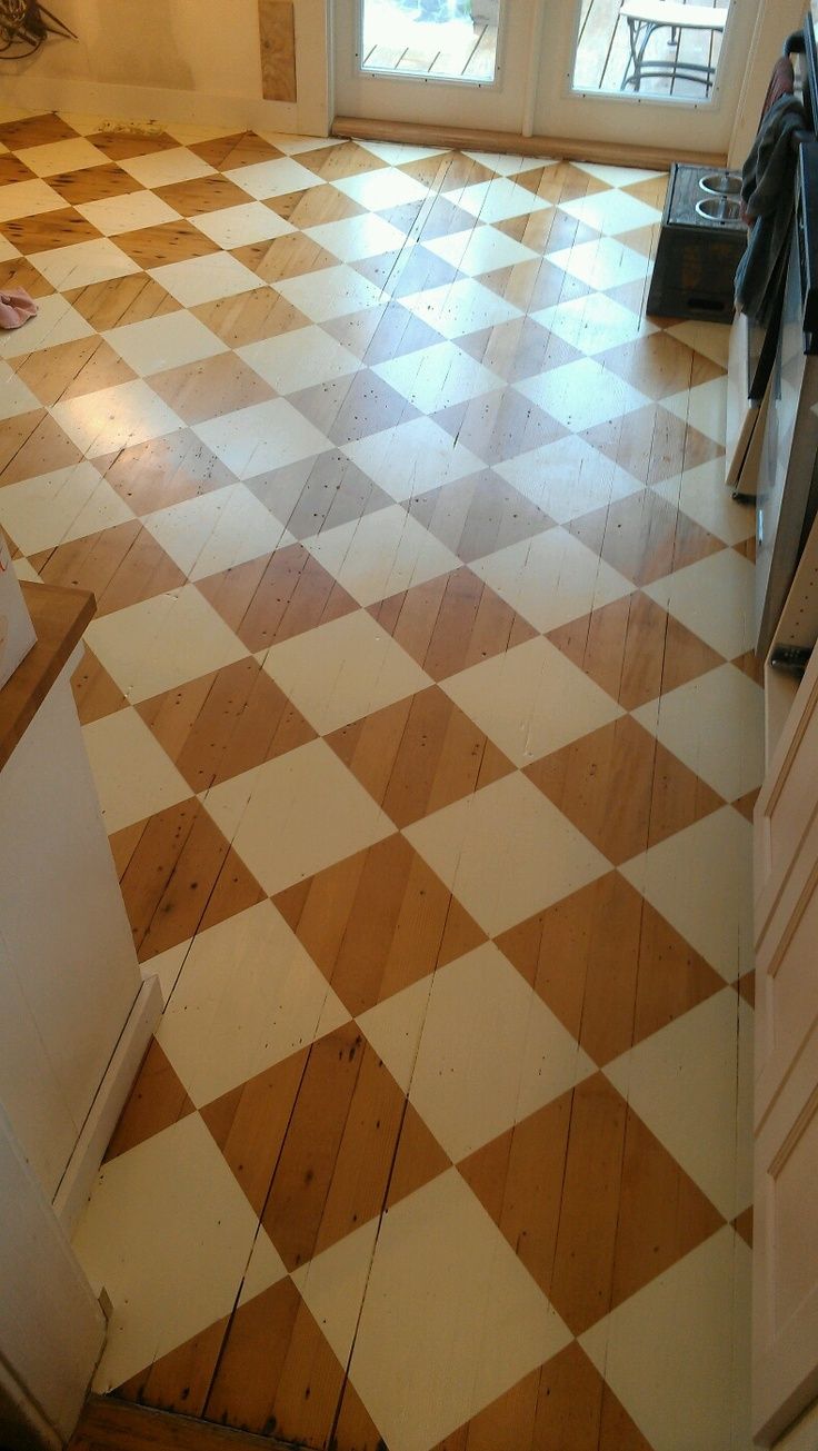 the kitchen floor is covered in white and brown checkerboard tiles, with an open door