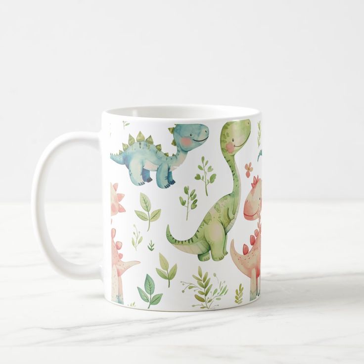 a coffee mug with dinosaurs and plants on it