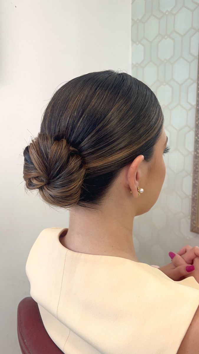 Gorgeous trendy pixie's hairstyle ideas | Hairstyle tutorial ideas Hair Dos Up For Wedding, Bride Classic Hairstyles, Wedding Classic Hairstyles, Bridal Classic Hair, Slick Back Low Bun Prom, Selena Gomez Low Bun, Slick Bun Formal Hairstyles, Wedding Hair Up Sleek, Sophisticated Low Bun