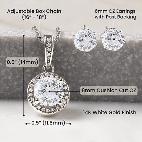 Product Information: Surprise your loved one with a stunning gift that will make her heart swell! Our dazzling "Eternal Hope Necklace and Cubic Zirconia Earring Set" is an eye catching pair that can be worn together or separately, adding sparkle and elegance to any occasion! Don't miss out on this spectacular offering! Product Features: Necklace Specifications: 14k white gold finish 8mm center cushion-cut cubic zirconia crystal 1.2mm accent CZ crystals 0.6" (14mm) / 0.5" (11.6mm) Adjustable box To My Future Wife, Wedding Gift Set, Birthday Cards For Mom, Hope Necklace, Classic Necklace, Valentine Wedding, Cubic Zirconia Earrings, Zirconia Earrings, Cz Earrings