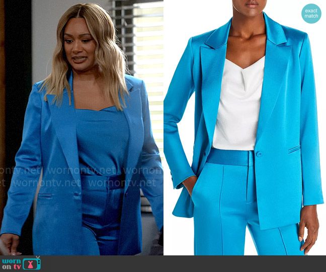 Fatima’s blue satin suit on Tyler Perrys Sistas. Outfit Details: https://wornontv.net/380250/ Fatima Sistas, Sistas Tyler Perry Outfits, Satin Suit, Black Ruched Dress, Yellow Ombre, Glamour Style, Tyler Perry, White Studs, Fringe Dress