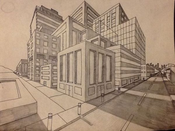 a pencil drawing of a building in the city