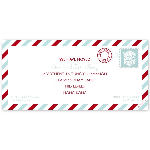 a red and white striped envelope with the words we have moved on it