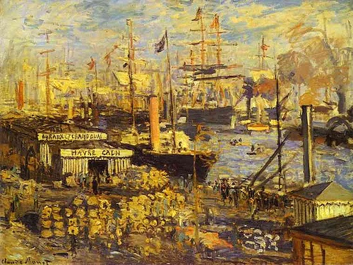 an oil painting of boats docked at a harbor with people walking around it and buildings in the background