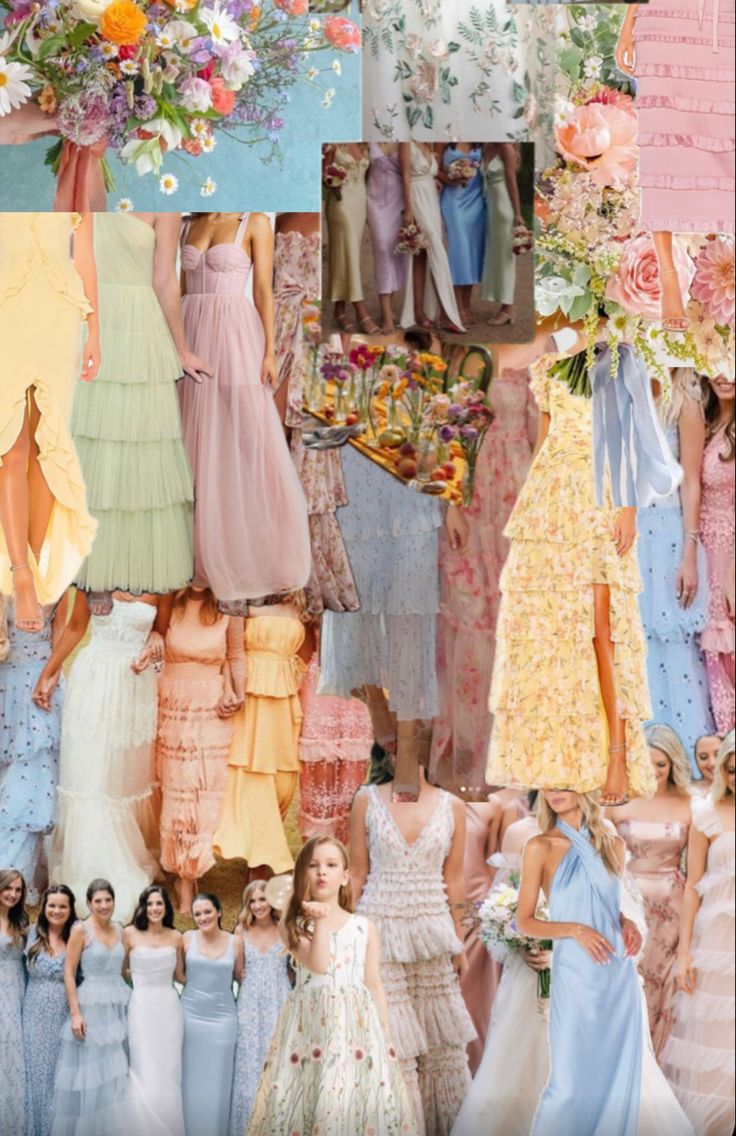 a collage of different dresses and flowers in pastel colors, with the same woman's face