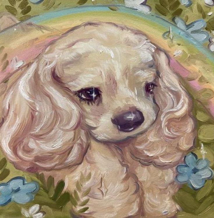 a painting of a poodle dog with blue flowers around it's neck and nose