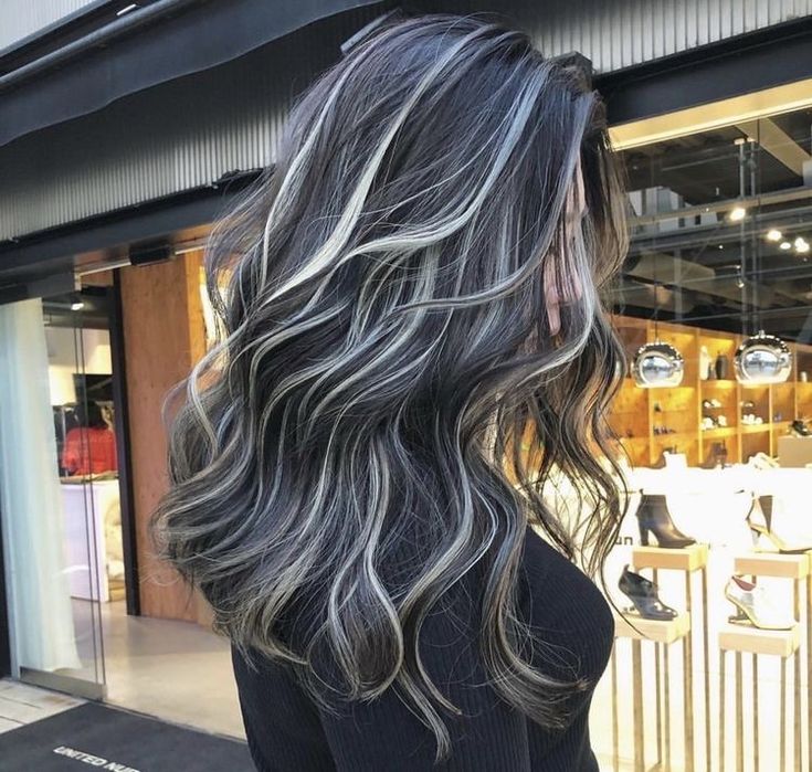 Dark With Platinum Highlights, Black Hair With Silver Ends, Black Hair With Bright Highlights, Long Black Hair With White Highlights, Highlights Dark Hair Short, Dark Hair With Icy Highlights, Platinum Blonde Streaks On Dark Hair, Black With Grey Hair, Brown Hair With Silver Streaks