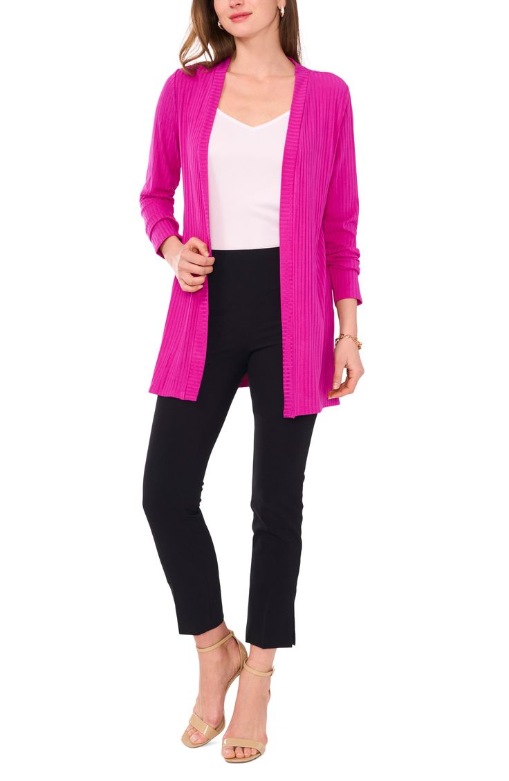 This throw-on-and-go cardi is knit in a longline silhouette with soft ribbing and airy side vents. Open front Long sleeves Side vents 91% viscose, 9% elastane Machine wash, dry flat Imported Rib Cardigan, Long Cardigans, Ribbed Cardigan, Long Cardigan, In Hot, Long A Line, Front Open, Cardigans, Hot Pink