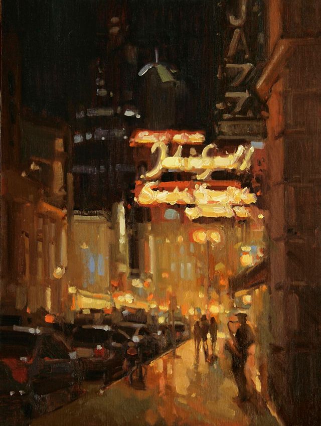 an oil painting of people walking down the street at night