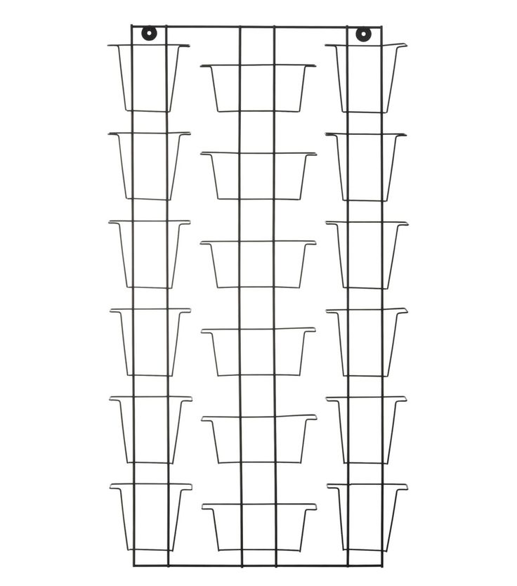 a wire rack with several pots on it and two hooks hanging from the top to the bottom