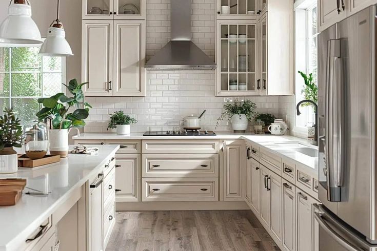 a kitchen with white cabinets and wood flooring is pictured in this image, there are potted plants on the counter