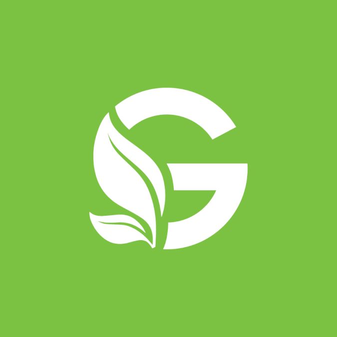 the letter g is made up of leaves and has a green background with white letters