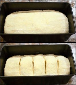 two pans filled with uncooked bread sitting on top of a counter next to each other