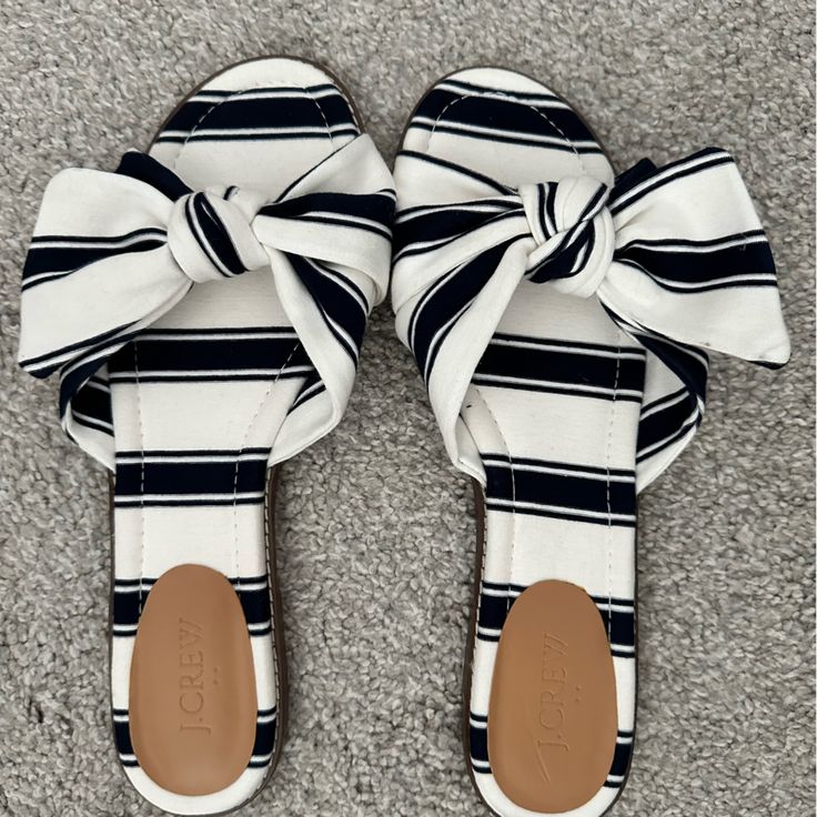 J. Crew Navy And White Stripped Sandals. Size 10. Nwot Striped Open Toe Casual Sandals, Casual Striped Sandals For Beach, Casual Striped Open Toe Sandals, Striped Open Toe Sandals For Summer, Women's Shoes Sandals, Navy And White, Shoes Sandals, J Crew, Blue White