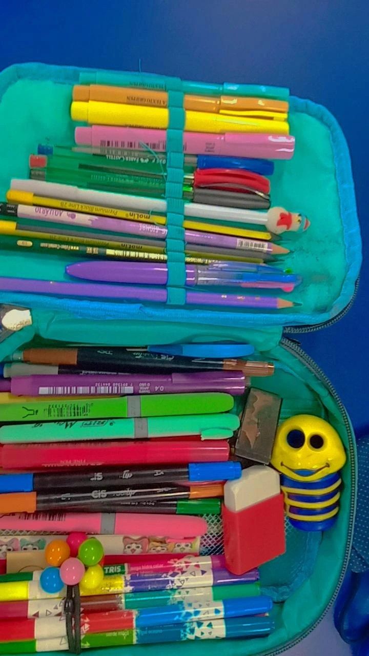 a blue case filled with lots of different colored pens and pencils on top of each other