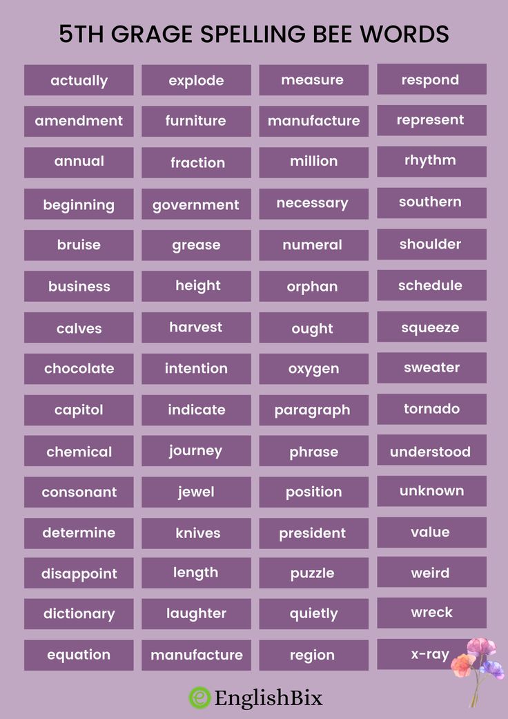 a purple poster with words in english that say,'5th grade spelling bee words '