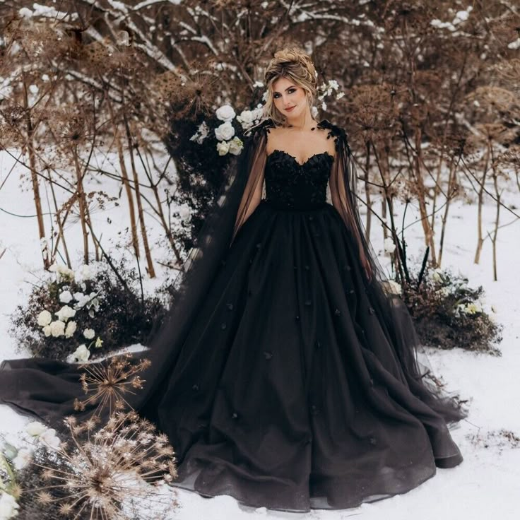 Boho black wedding dress,Gothic wedding gown,Black A-line Wedding Dress | eBay Wedding Dress 3d Flowers, Black Gothic Wedding Dress, Wedding Dresses 3d Flowers, Black Gothic Wedding, Black Wedding Dress Gothic, Gown With Cape, Dark Wedding Theme, Black Wedding Gowns, Black Wedding Dress