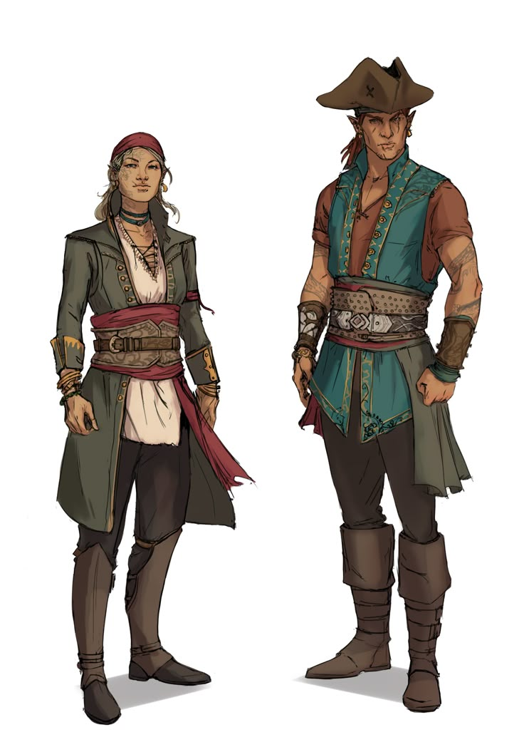 two people in pirate costumes standing next to each other