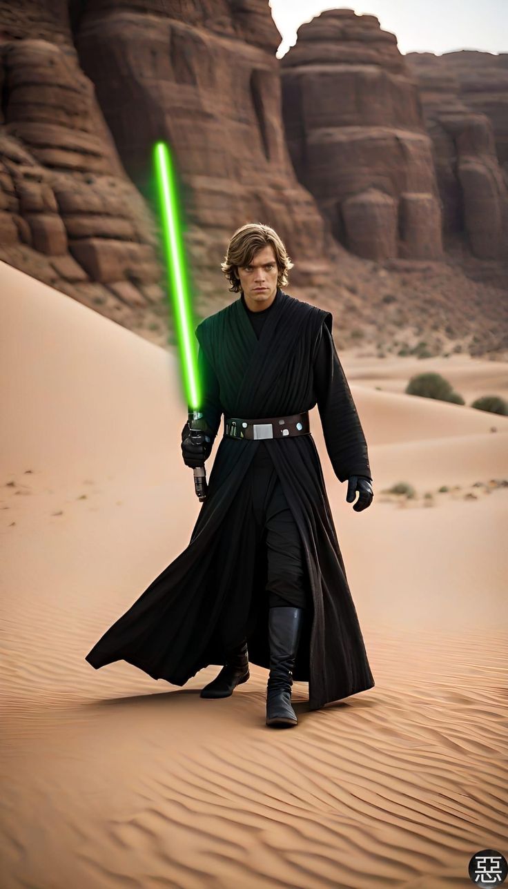 luke star wars in the desert with his lightsaben costume and green light saber