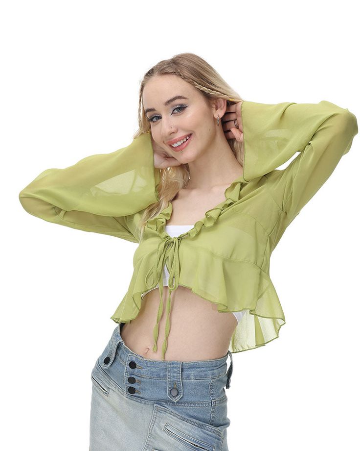 Model (WearingS):•Â?/span>Height: 178cm | Bust: 89cm | Waist: 60cm | Hip: 89cmDetails: Long-sleeve meshtop with front ribbon detailsLength: CroppedSleeve Length: Long sleevesMaterials: 85% Polyester + 15% Spandex Green Long Sleeve Tops For Spring, Spring Green Flowy Blouse, Trendy Green Long Sleeve Mesh Top, Long Sleeve Ruffled Tops For Summer, Casual Sheer Green Tops, Casual Green Sheer Mesh Top, Casual Green Sheer Top, Trendy Green Mesh Top For Spring, Spring Green Long Sleeve Blouse