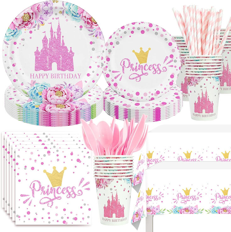 princess party supplies including plates, cups and napkins