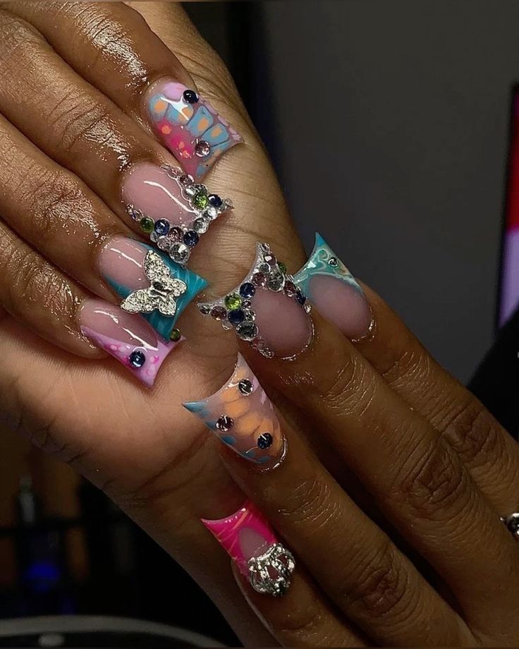 Colorful Duck Nails Acrylic, Spring Junk Nails, French Tip Bling Nails, Duck Nails French Tip, Nails Colorful French Tip, Colorful French Tip Nails, Fly Nails, Junk Nails, Nails Colorful