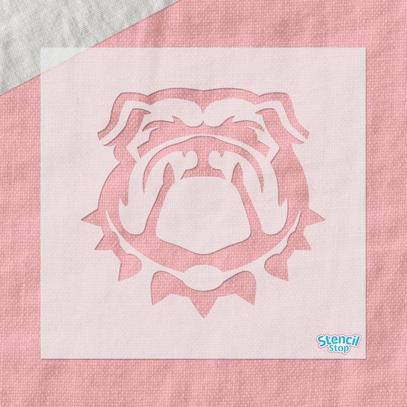 an image of a dog's head on a pink background with the word bulldog cut out