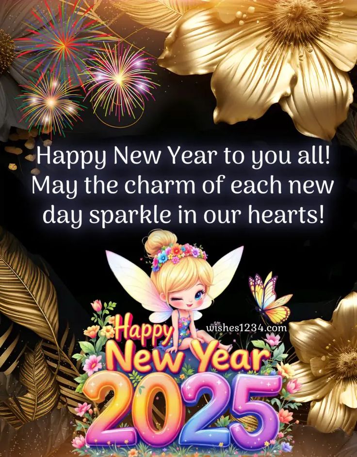 a happy new year card with a fairy on it and fireworks in the sky behind