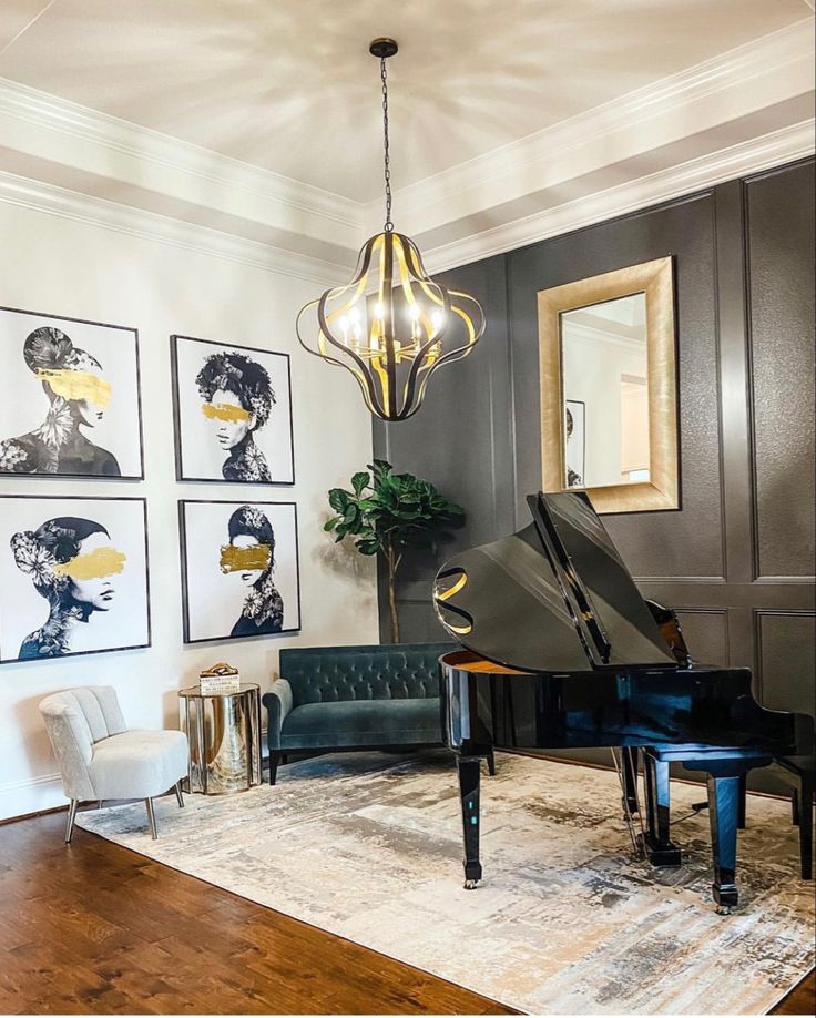 a living room filled with furniture and a grand piano in front of a painting on the wall