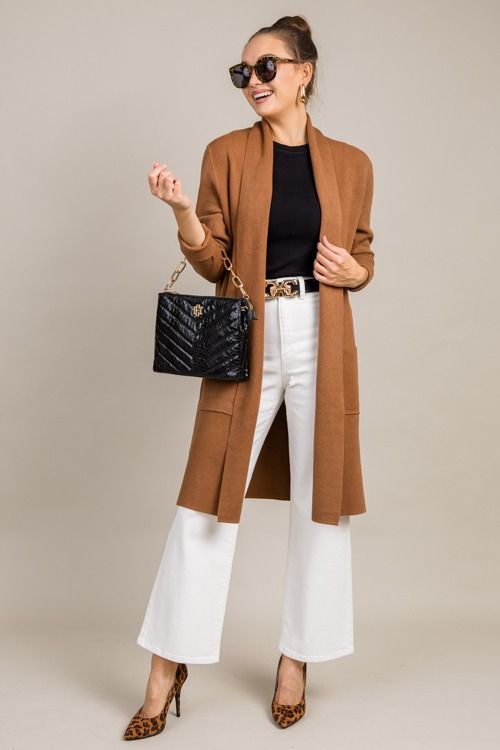 Parker Cardigan, Camel Long Sweater Coat For Fall Workwear, Long Sweater Coat With Pockets For Work, Elegant Brown Sweater Coat For Layering, Open Front Sweater Coat With Pockets For Fall, Chic Brown Cardigan With Pockets, Long Brown Cardigan For Workwear, Chic Brown Open Front Outerwear, Long Brown Cardigan For Work, Versatile Long Outerwear For Work