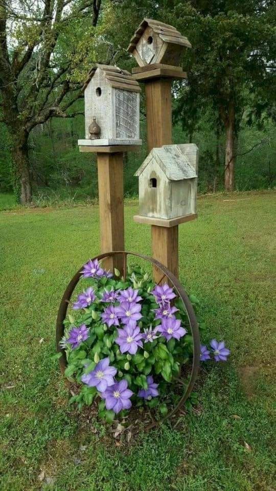 two bird houses and some purple flowers in the grass