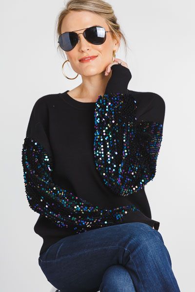 Sequin Sleeve Sweater, Black :: NEW ARRIVALS :: The Blue Door Boutique Cheap Glitter Print Crew Neck Tops, Luxury Black Party Sweater, Luxury Sequined Tops For Winter, Luxury Black Sweater For Party, Jewel Colored Sweater, Asymmetrical Sweater Sequin Strap, Blue Glitter Sweater, Affordable Casual Party Sweater, Black Sparkly Cowlneck Sweater