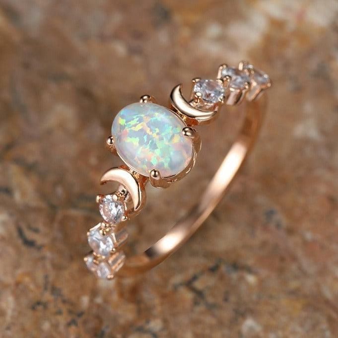 Rainbow White Fire Opal Ring Triple Moon Wiccan Ring-MoonChildWorld Cute Engagement Rings, Fire Opal Ring, Jewelry Wedding Rings, Band Jewelry, Men's Jewelry Rings, Stone Engagement Rings, Pretty Rings, Hand Jewelry, Womens Wedding Bands