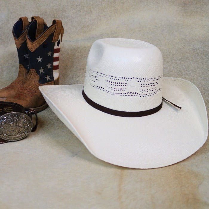 Resistol Boy's Straw Cowboy Hat - Buckeye Jr. White Western Straw Hat For Outdoor, White Flat Bill Sun Hat For Rodeo, White Flat Bill Sun Hat For Ranch, White Western Hat With Flat Bill, White Flat Bill Straw Hat For Rodeo, Flat Brim White Sun Hat For Ranch, White Country Style Straw Hat With Flat Bill, Country Style White Straw Hat With Flat Bill, White Flat Brim Sun Hat For Ranch