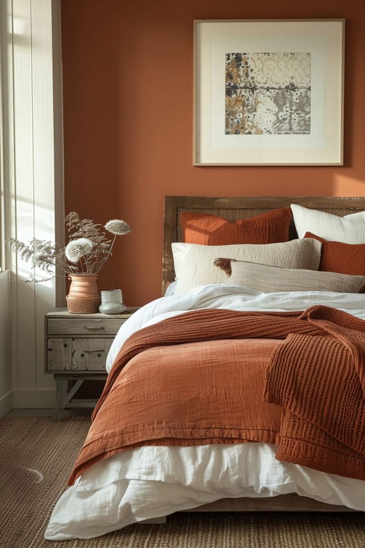 a bedroom with an orange and white color scheme on the walls, bedding and pillows