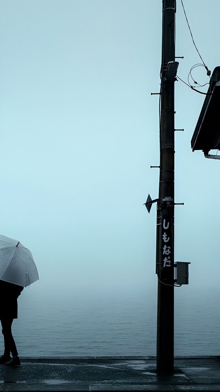 two people standing under an umbrella on the side of a road next to the ocean