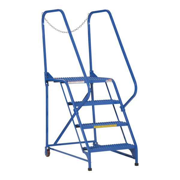 a blue metal step ladder with chains on the handle and bottom treads, against a white background