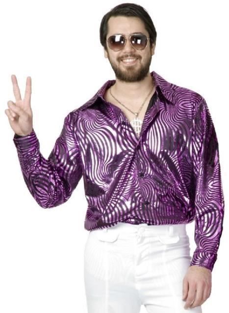 Show off your sweet disco dance moves in this deluxe men's disco shirt (only shirt included)! This fuchsia iridescent fabric shirt with black psychedelic swirl pattern will complete your disco costume. Pants and accessories sold separately. Available in plus size XL. Costumes typically run a little smaller than regular clothing sizes. Please purchase accordingly. Other costumes and accessories are sold separately on our page – subject to availability. Purple Party Shirt For Summer, Purple Summer Party Shirt, Mens Disco Headband, Disco Fitted Sequin Fabric For Costume Party, Men Disco, Men’s Disco Party Outfit, Spring Retro Party Shirt, Disco Man Costume, Disco Costume