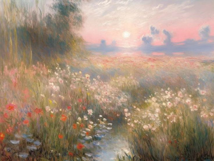 an oil painting of flowers in a field