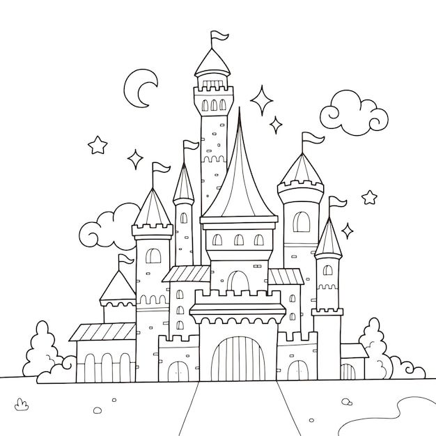 a castle that is outlined in black and white