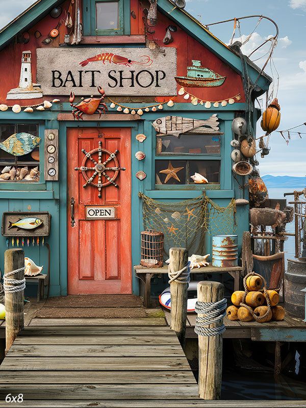 Coastal Bait Shop Photography Backdrop - A charming bait shop with weathered teal and red paint Bait Shop Ideas, Fishing Shack Ideas, Fish Shop Design, Old Beach House Aesthetic, Vintage Store Fronts, Shops Drawing, Ocean Homes, Fisherman House, Fish Hut