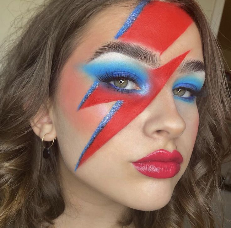 David Bowie Face Paint, Lightning Bolt Makeup Eye, David Bowie Fancy Dress, David Bowie Halloween Costume Ziggy Stardust, David Bowie Makeup Tutorial, 80 Makeup 80s Party Glam Rock, David Bowie Lightning Bolt Makeup, David Bowie Makeup Ziggy Stardust, David Bowie Ziggy Stardust Costume