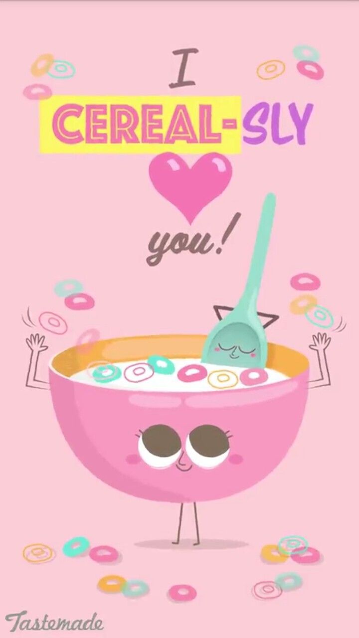 a pink bowl with a spoon in it that says i love cereal - sly you