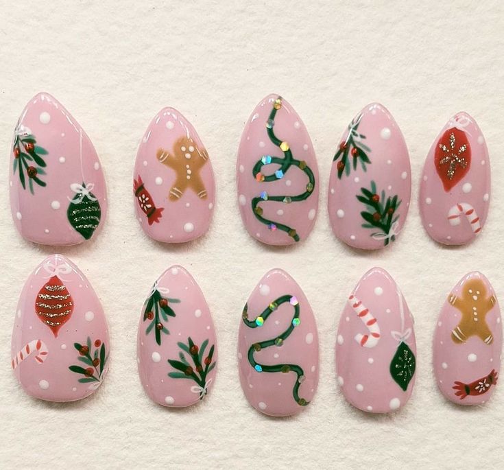 Disney Nails Thanksgiving, Nontraditional Christmas Nails, Christmas Nails Vintage, Funny Bunny Christmas Nails, Sugar Cookie Nails, Ornament Nails Design, Nails 2025 Trends, Christmas Cookie Nails, Pink Gingerbread Nails