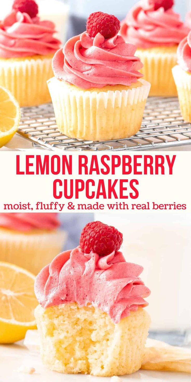 lemon raspberry cupcakes with pink frosting and fresh berries on top